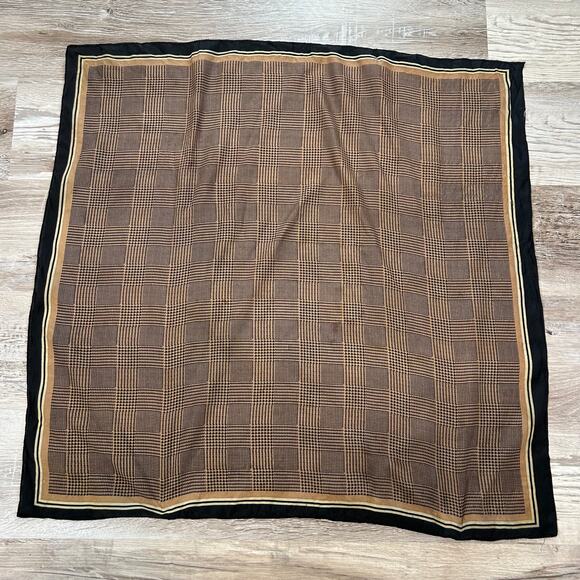 Vintage Glen Plaid Square Scarf 26” Brown Black Houndstooth Border 70s Style - Picture 1 of 6